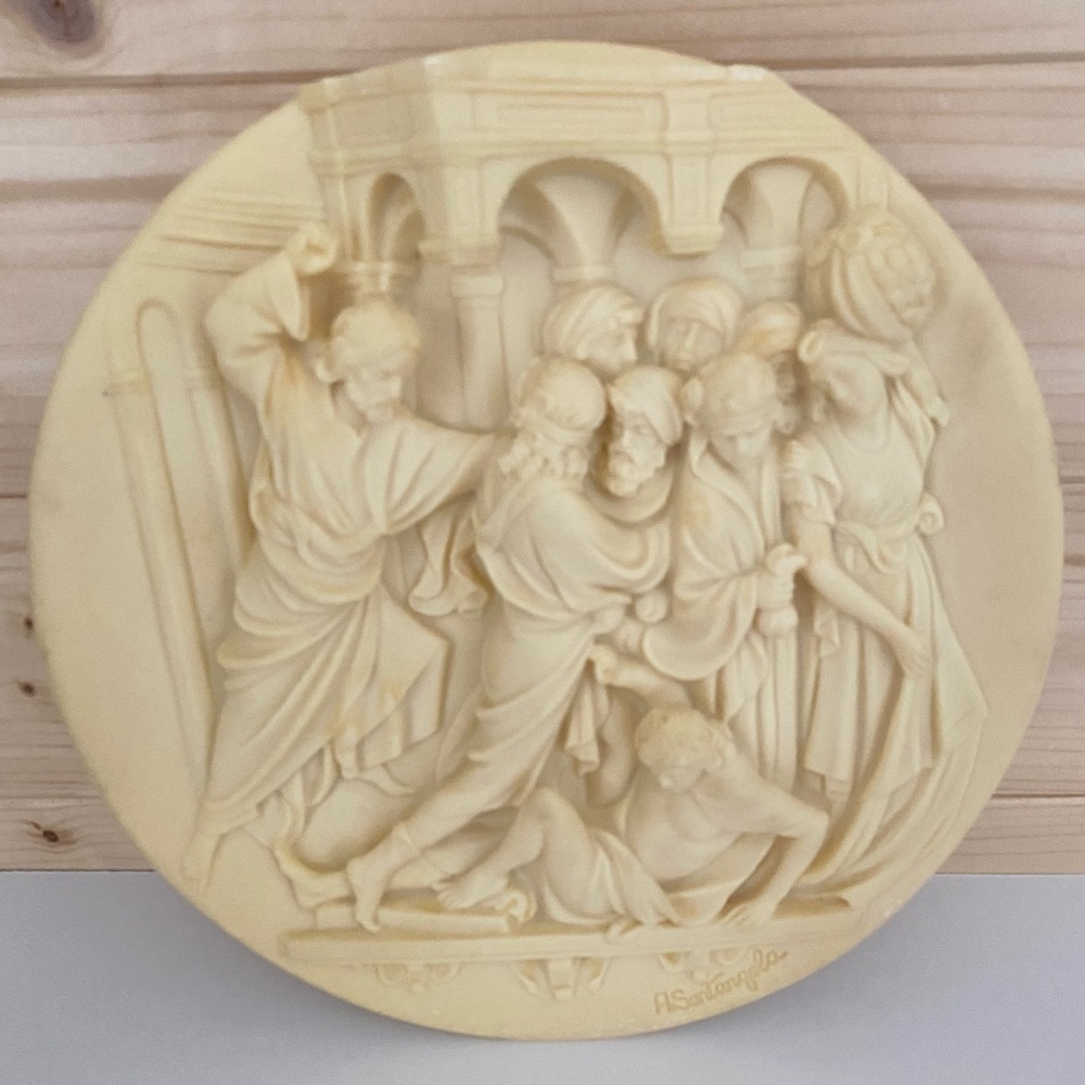 RARE L’Espulsione dei Cambiavalute Ivory Alabaster Plate by Alberto Santangela